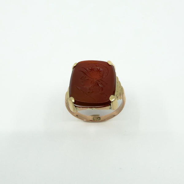Antique 9ct Gold Left Facing Carved Carnelian Roman Intaglio Ring 375 Size P - Q