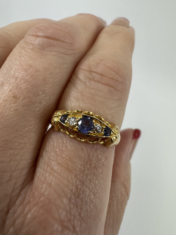 Antique 18ct Gold Diamond & Sapphire Boat Ring 750 Size M - N