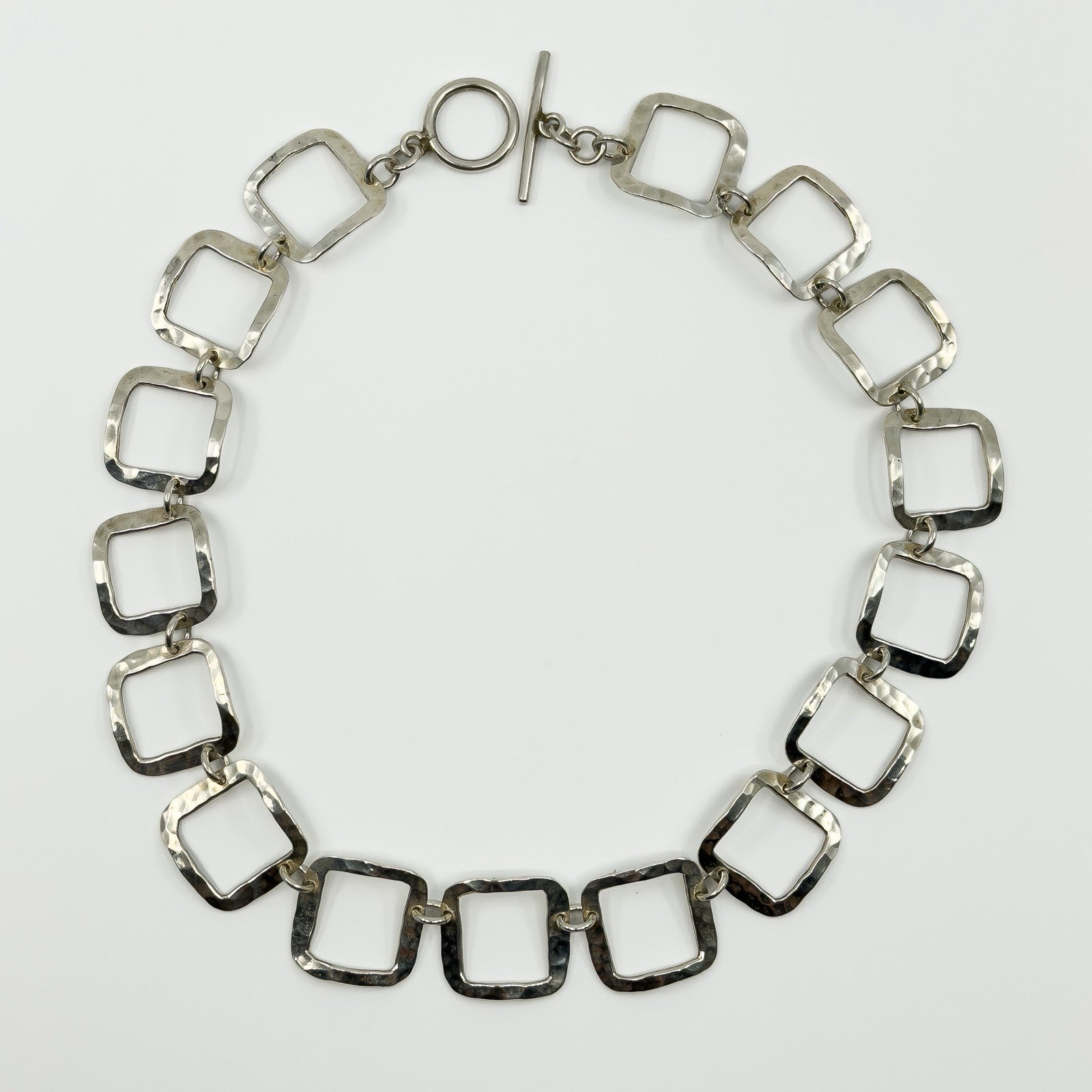 Vintage Sterling Silver Hammered Squares 17” Necklace / Chain & T-Bar Toggle 925