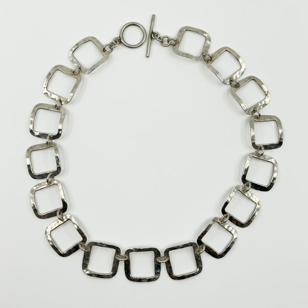 Vintage Sterling Silver Hammered Squares 17” Necklace / Chain & T-Bar Toggle 925
