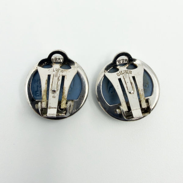 Vintage Sterling Silver Jasper Ware Blue Cameo Clip on Earrings 925