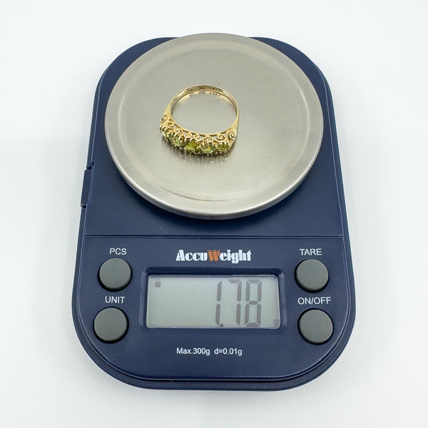 Vintage 9ct Yellow Gold 5x Stone 1.08ct Peridot Ring / Band 375 Size N 1989