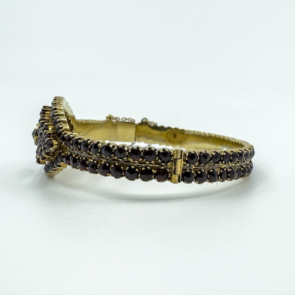 Large Antique Silver Gilt Bohemian Rose Cut Garnet Hinged Bangle / Bracelet 900