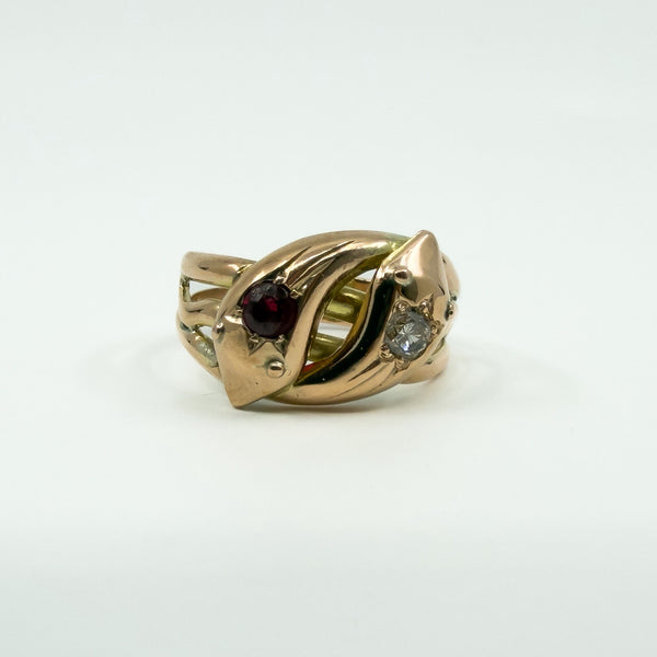 Antique 9ct Rose Gold Double Snake Diamond & Garnet Ring Size U (Chester 1909)