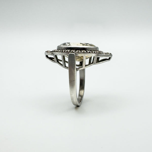 12ct Citrine & Diamond Navette Cocktail Ring in Sterling Silver 925 Size M - N