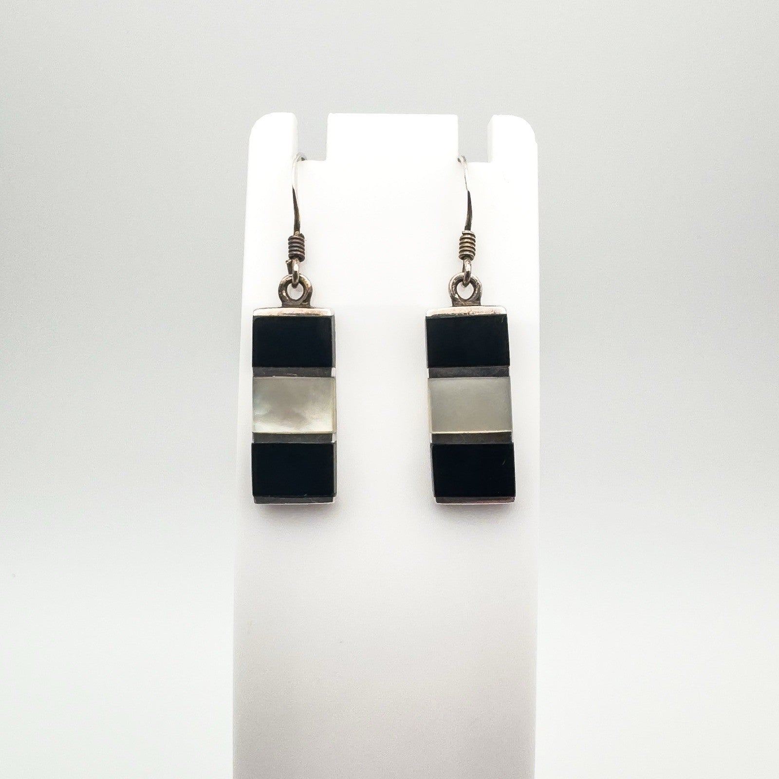Black Onyx & White Mother of Pearl Drop Earrings Shepherd Hooks Sterling Silver