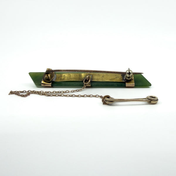 Large Antique Victorian 9ct Gold Jade Bar Brooch 375