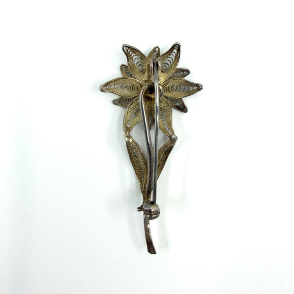 Vintage Silver Filigree Flower Brooch 925