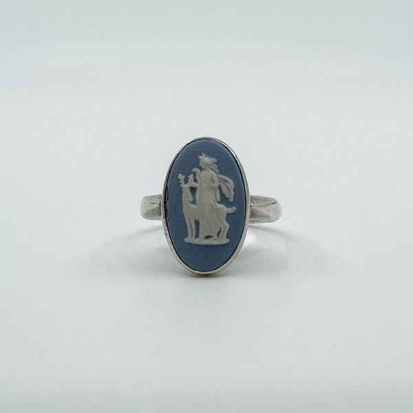 Vintage Sterling Silver Wedgewood Blue Jasper Ware Cameo Ring 925 Size J - K