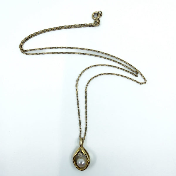 Vintage 9ct Gold 6mm Pearl & Diamond Pendant & 18” Chain Necklace 375 (1980)