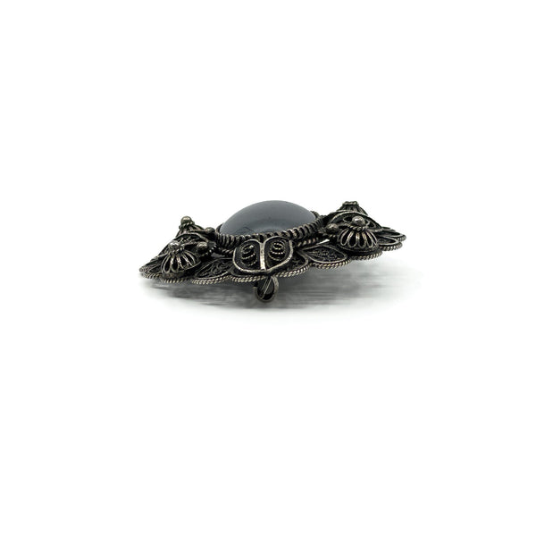 Large Vintage Sterling Silver Filigree Hematite Brooch 925