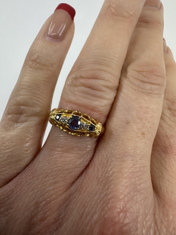 Antique 18ct Gold Diamond & Sapphire Boat Ring 750 Size M - N