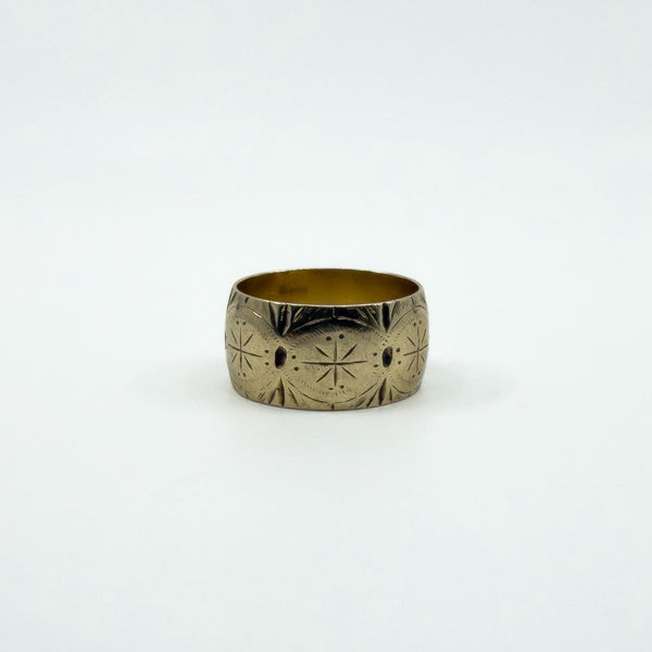 Wide Chunky Vintage 9ct Gold Starry Engraved Full Band Ring 375 Size L 1963