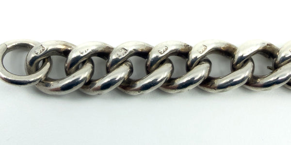 Chunky Sterling Silver Vintage Curb Links Bracelet Dog Clip & T-Bar Charm 925