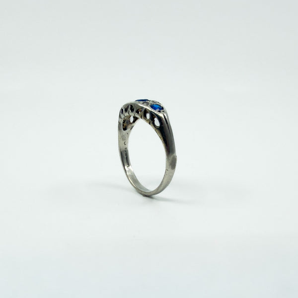 Vintage Sterling Silver Blue & White Paste Boat Ring 925 Size M - N