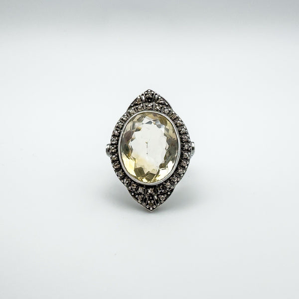 12ct Citrine & Diamond Navette Cocktail Ring in Sterling Silver 925 Size M - N