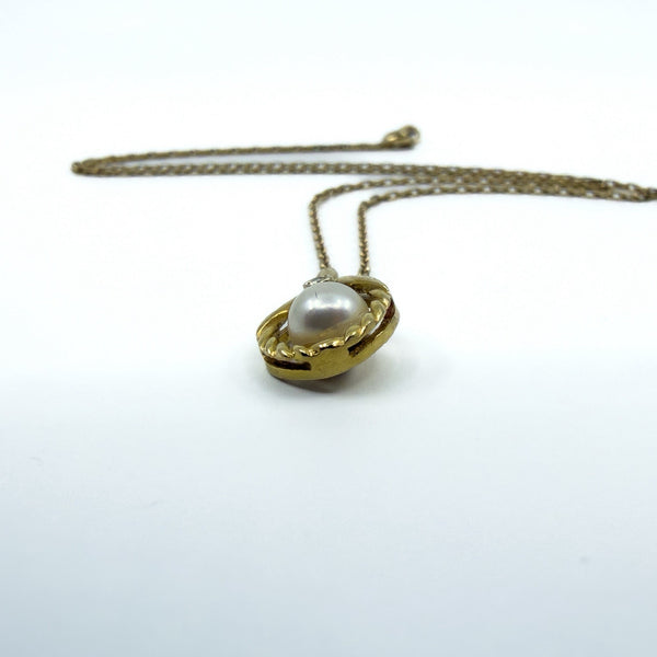 Vintage 9ct Gold 6mm Pearl & Diamond Pendant & 18” Chain Necklace 375 (1980)