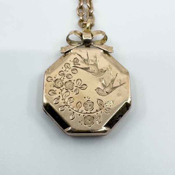 Vintage 9ct Rose Gold Swallow Engraved Photo Locket & 19" Chain / Necklace 375