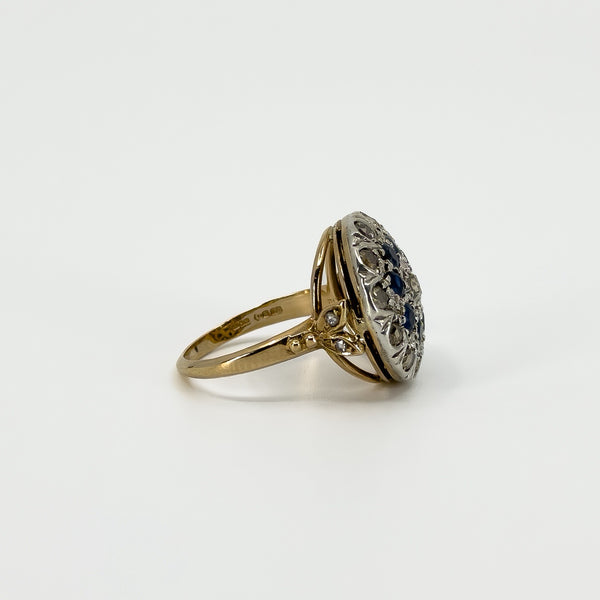 Antique Edwardian 14ct Gold Rose Cut Diamond & Sapphire Bombe Ring 585 Size O P
