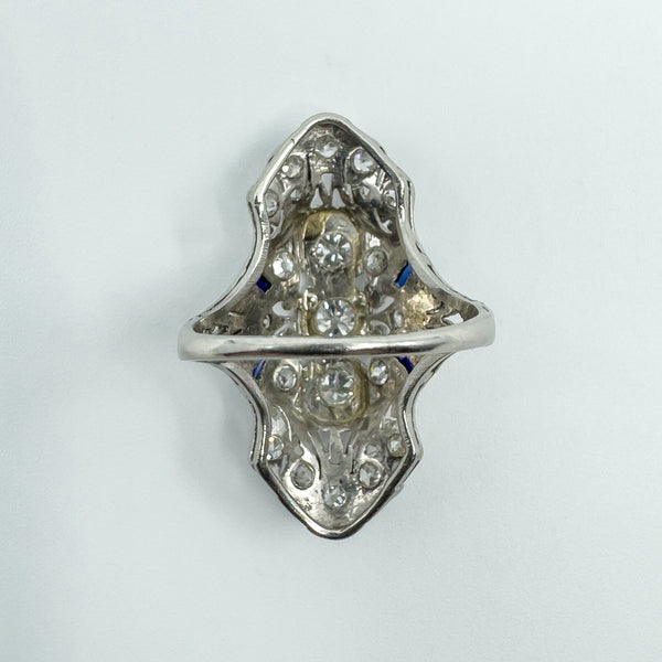 Antique / Art Deco Platinum Diamond & Sapphire Trilogy Navette Ring Size M