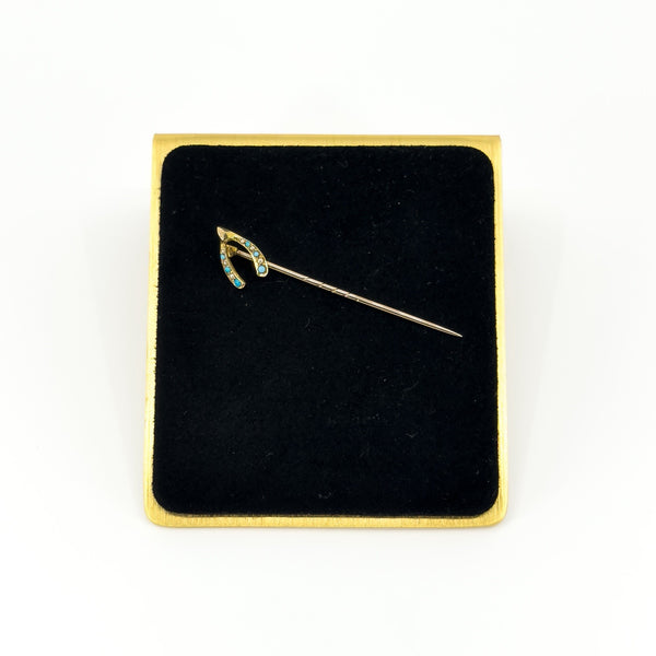 Antique Victorian 9ct / 15ct Gold Lucky Wish Bone Pearl & Turquiose Stick Pin