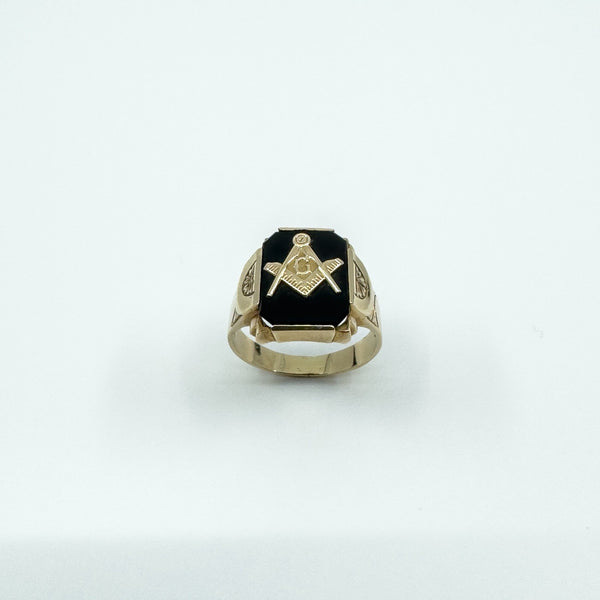 Vintage 10ct Gold Masonic Black Onyx Signet Ring 375 Size V - W intial G