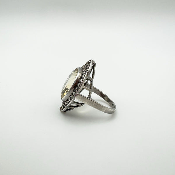 12ct Citrine & Diamond Navette Cocktail Ring in Sterling Silver 925 Size M - N