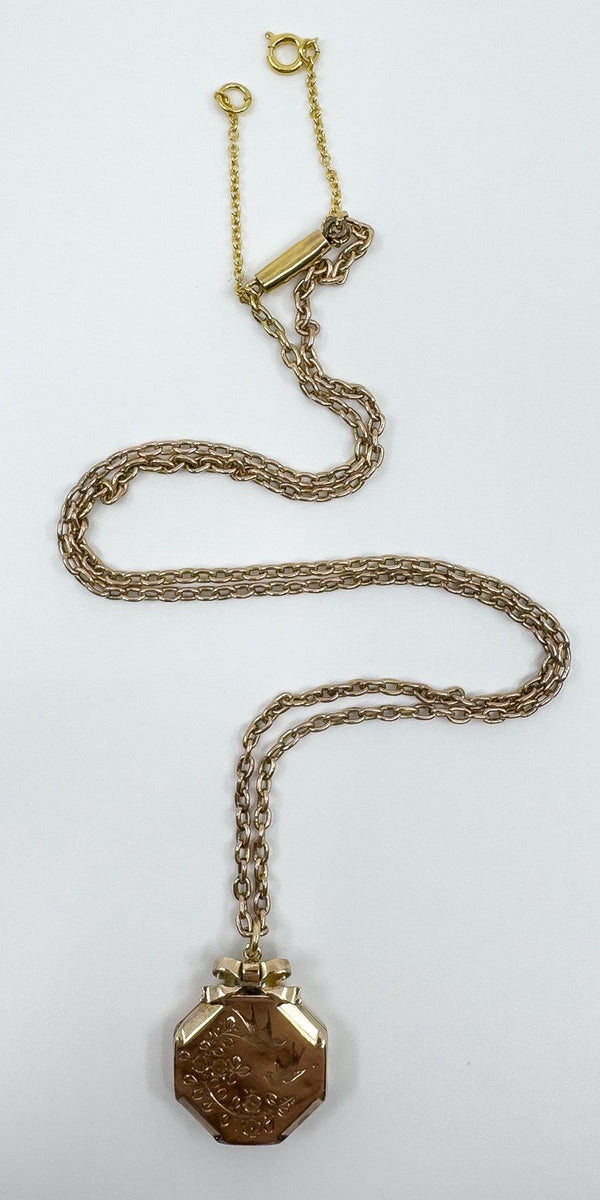 Vintage 9ct Rose Gold Swallow Engraved Photo Locket & 19" Chain / Necklace 375