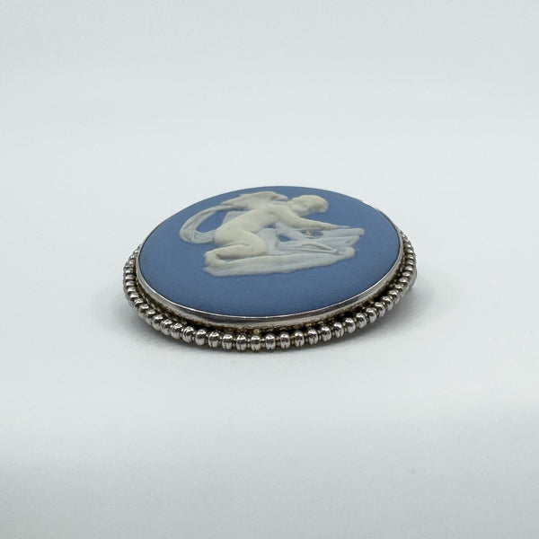 Vintage Sterling Silver Wedgewood Cupid Cherub Blue Jasper Ware Cameo Brooch 925