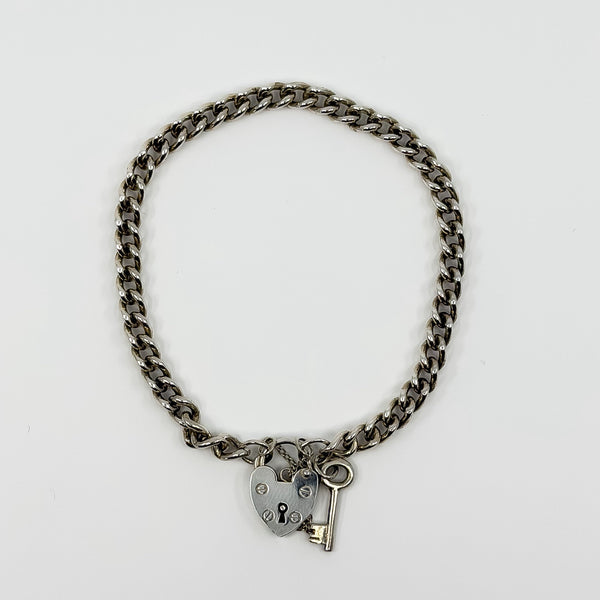 Vintage Sterling Silver Curb Links Bracelet with Heart Padlock & Key Charm 925