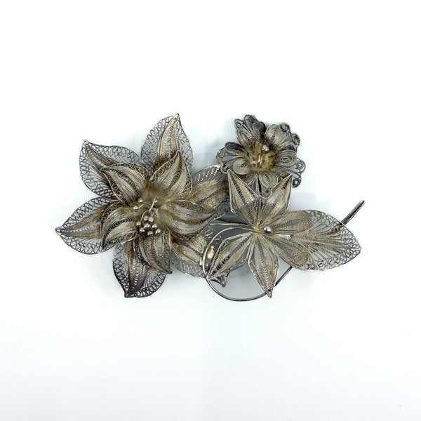 XL Vintage Silver Filigree Trio of Flowers Brooch 900