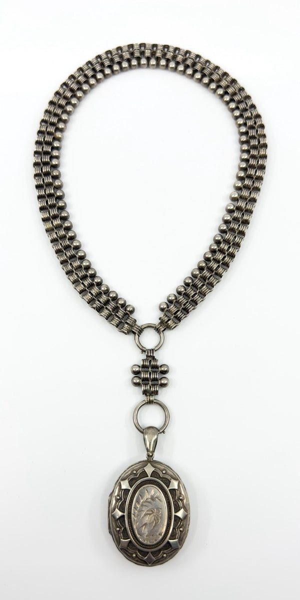 Large Antique Victorian Sterling Silver Reversible Locket & 18.5" Book Chain 925