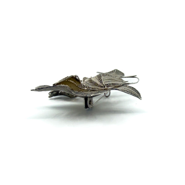 XL Vintage Silver Filigree Trio of Flowers Brooch 900