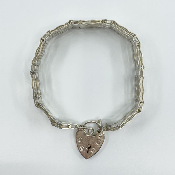 Vintage Sterling Silver 4 Bar Gate 7” Bracelet & Heart Padlock 925 (London 1978)