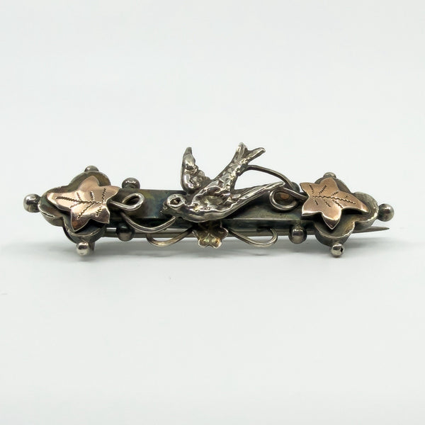 Antique Victorian Sterling Silver & Rose Gold Swallow & Ivy Brooch 925 Birm 1901