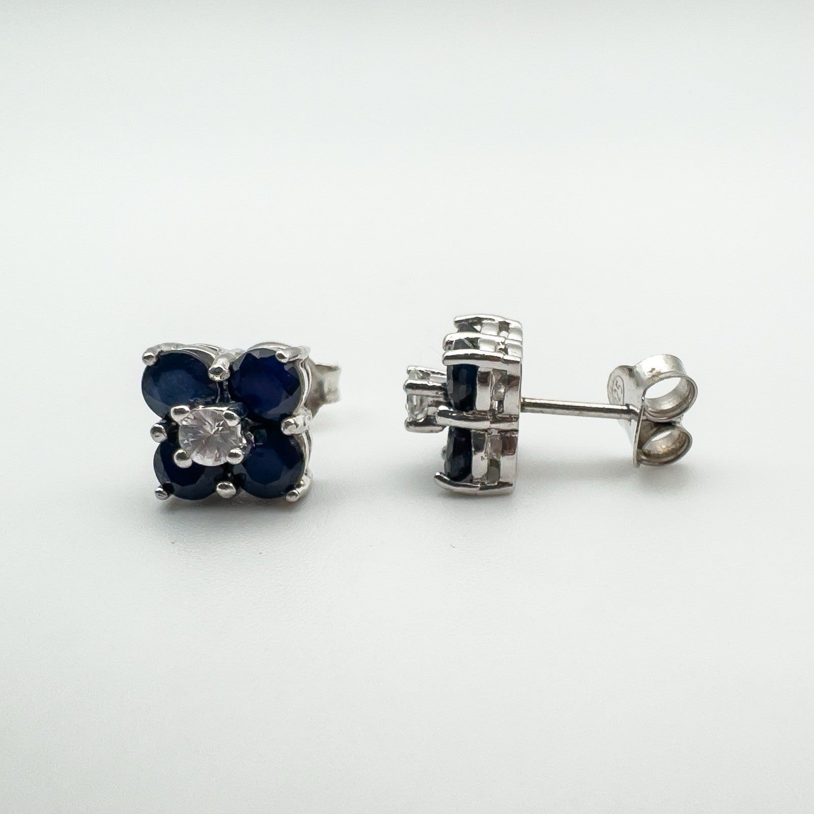 Chunky 0.60ct Sapphire & CZ Stud Earrings in Sterling Silver 925