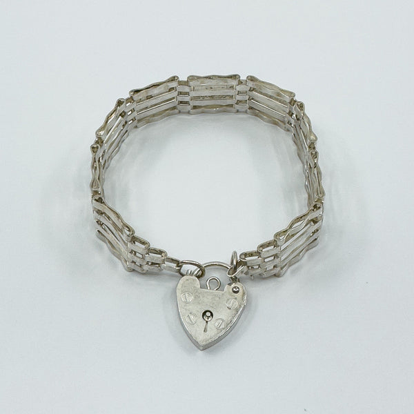 Vintage Sterling Silver 4 Bar Gate 7” Bracelet & Heart Padlock 925 (London 1978)
