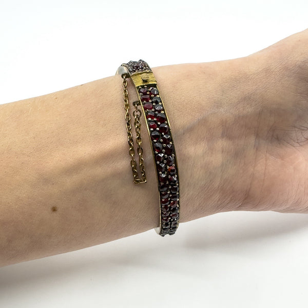 Antique Silver Gilt Bohemian Rose & Flat Cut Garnet Hinged Bangle / Bracelet