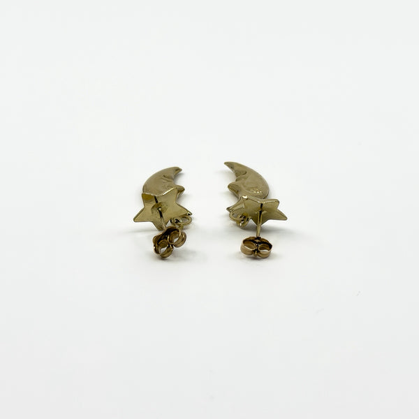 Vintage 9ct Gold Celestial Moon & Star Dangle Drop Earrings 375