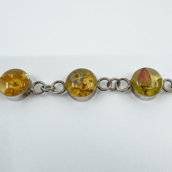 Sterling Silver Floral Resin Dried Flowers Links Bracelet 925