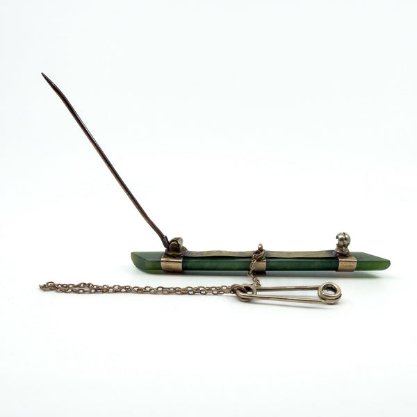 Large Antique Victorian 9ct Gold Jade Bar Brooch 375