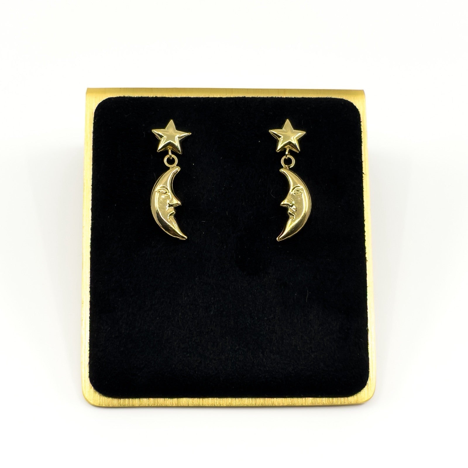 Vintage 9ct Gold Celestial Moon & Star Dangle Drop Earrings 375