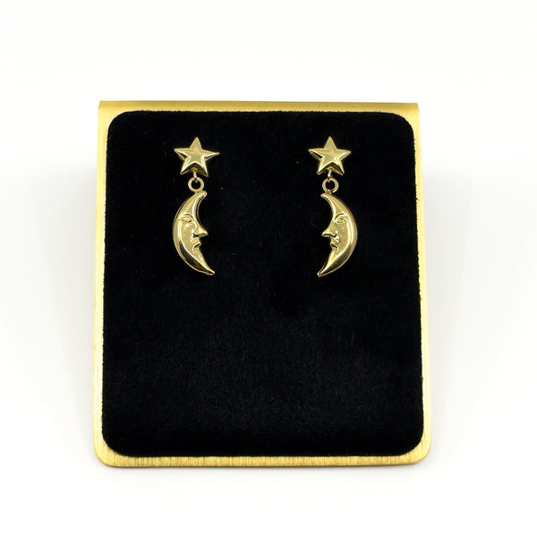 Vintage 9ct Gold Celestial Moon & Star Dangle Drop Earrings 375