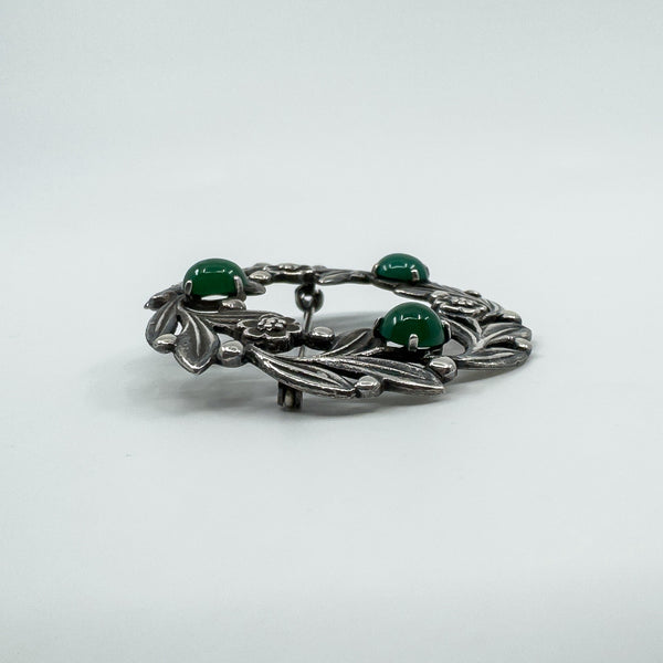 Large Vintage Sterling Silver Floral Green Chalcedony Brooch 925 Bernard Instone