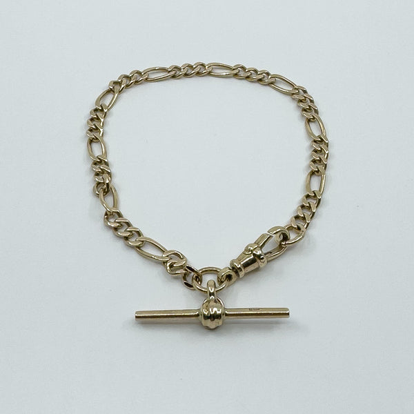 Vintage 9ct Gold Figaro Links with Dog Clip & T-Bar Charm 7.8” Bracelet 375 9.5g