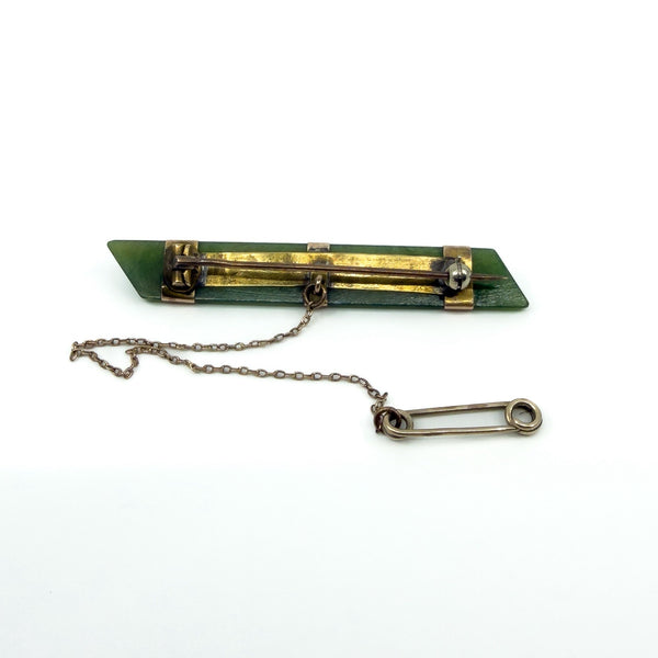 Large Antique Victorian 9ct Gold Jade Bar Brooch 375