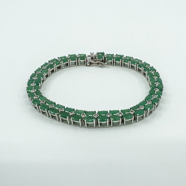 Sterling Silver Natural 16.50ct Emerald & Diamond Double Row Tennis Bracelet 925