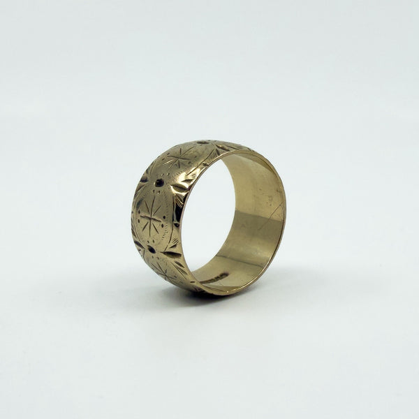 Wide Chunky Vintage 9ct Gold Starry Engraved Full Band Ring 375 Size L 1963