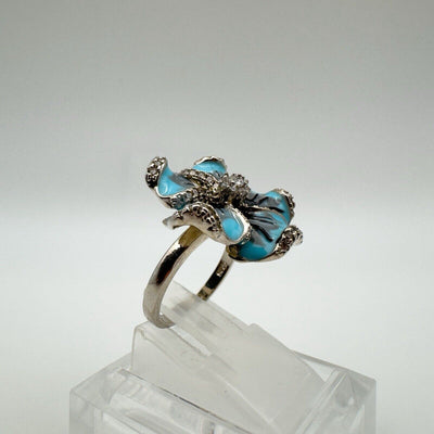 Huge Unusual Enamelled Blue Flower Pansy CZ Cocktail Ring Size L - M 6g