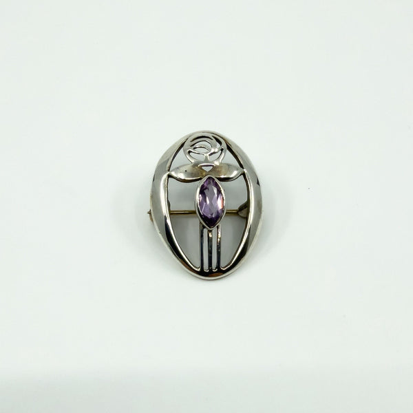 Vintage Sterling Silver Amethyst Oval Rose & Vine Brooch 925